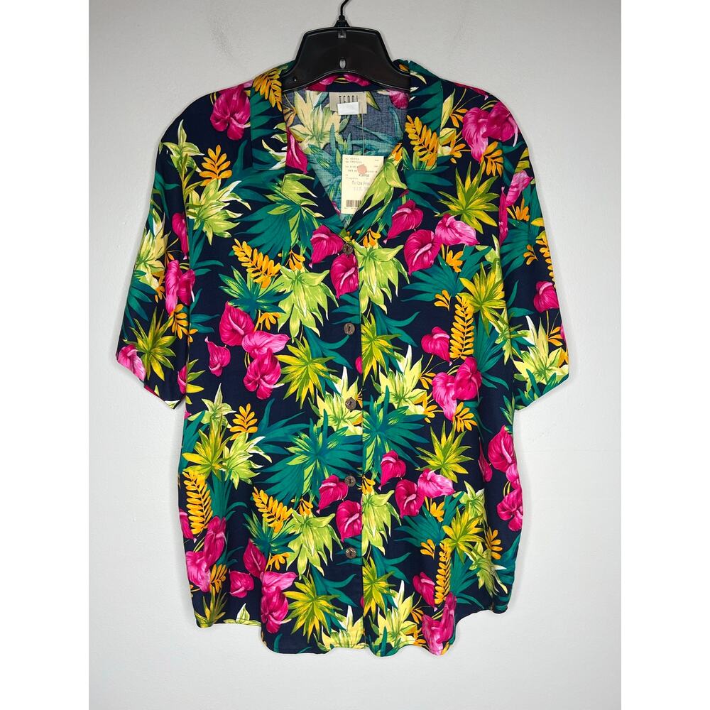 VTG Teddi Hawaiian Shirt Short Sleeve Button-Up Women's XL Vibrant Tropical Luau
